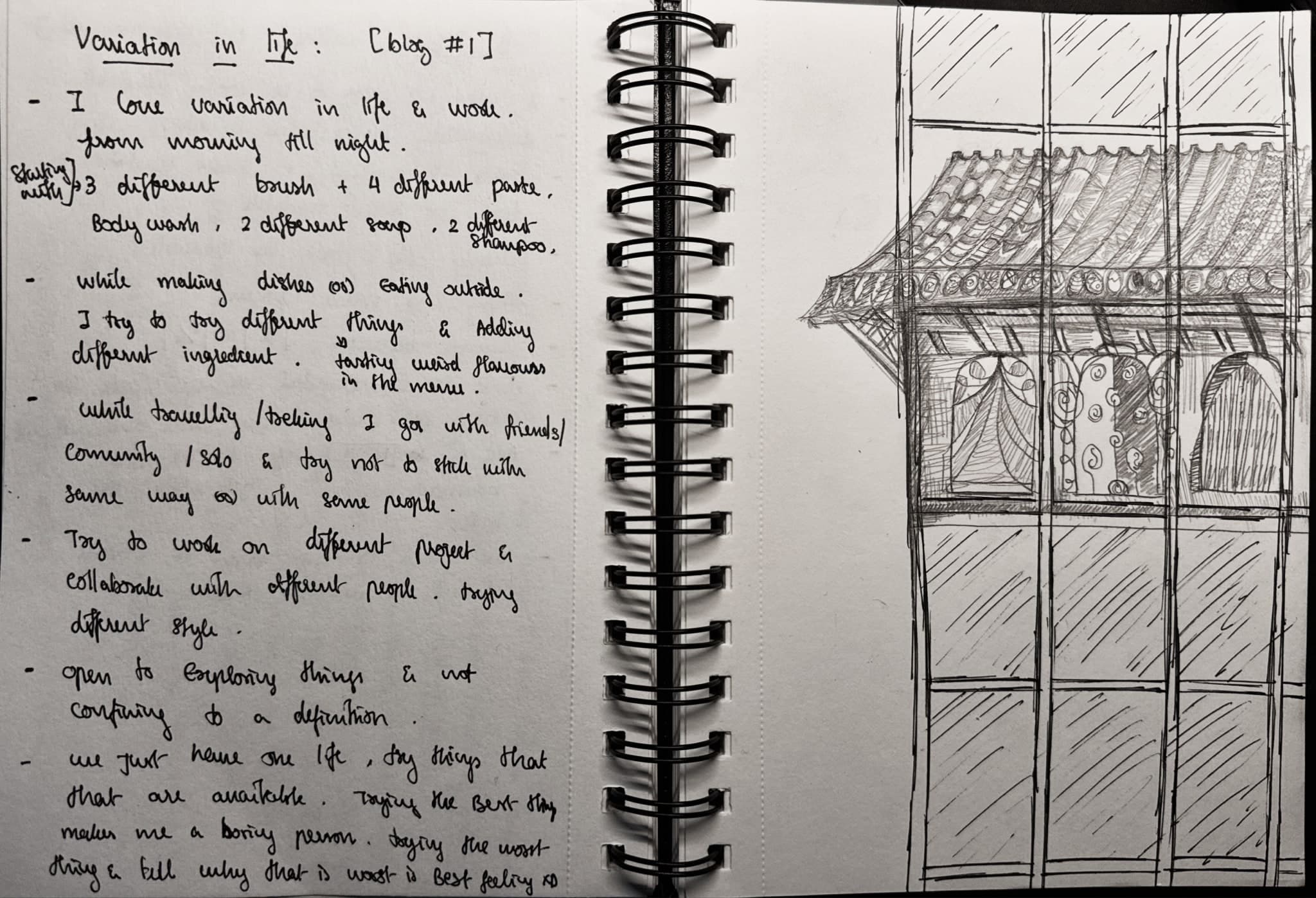 Open notebook: handwritten notes on variation facing a pencil sketch of a window